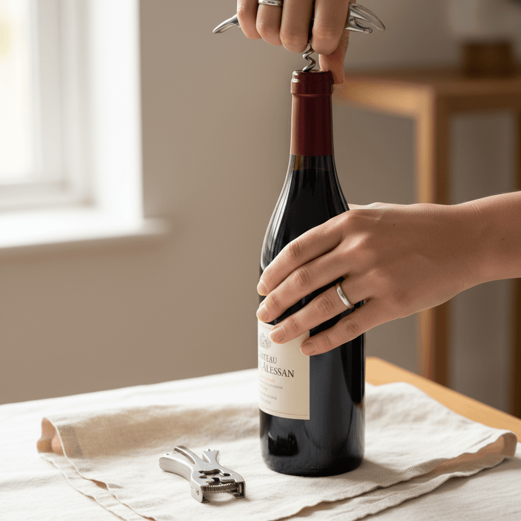 Hands uncorking a bottle of Château Alessan