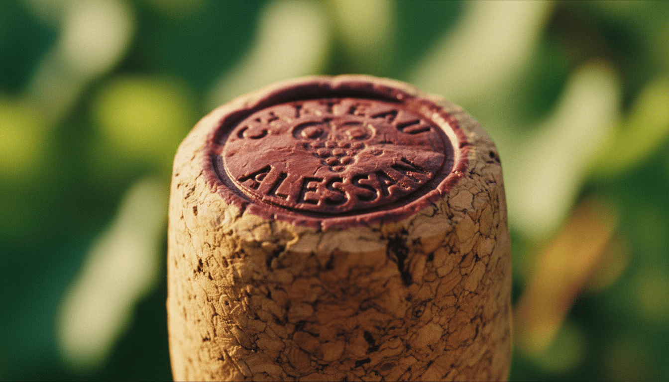 Close-up of wine cork with wax seal impression