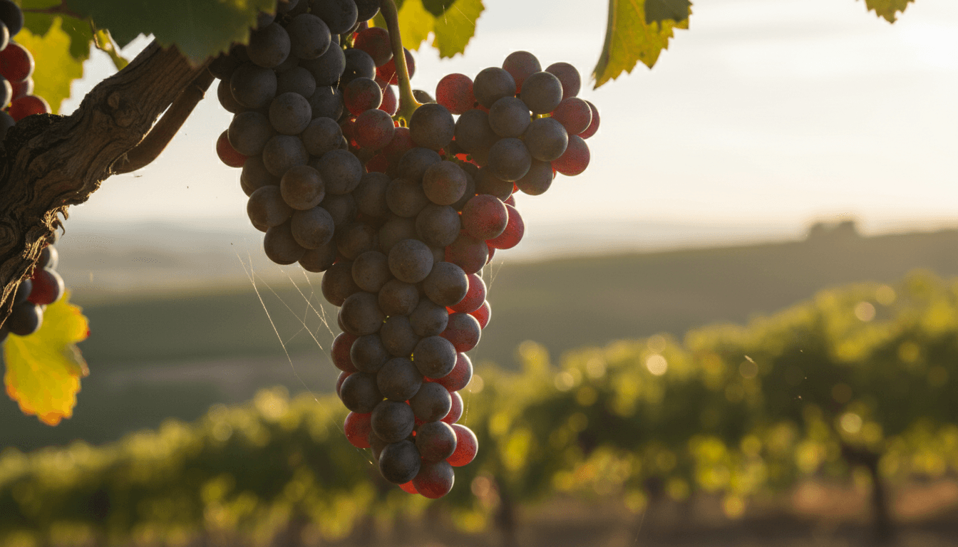 Red wine grapes on a vine in late afternoon light