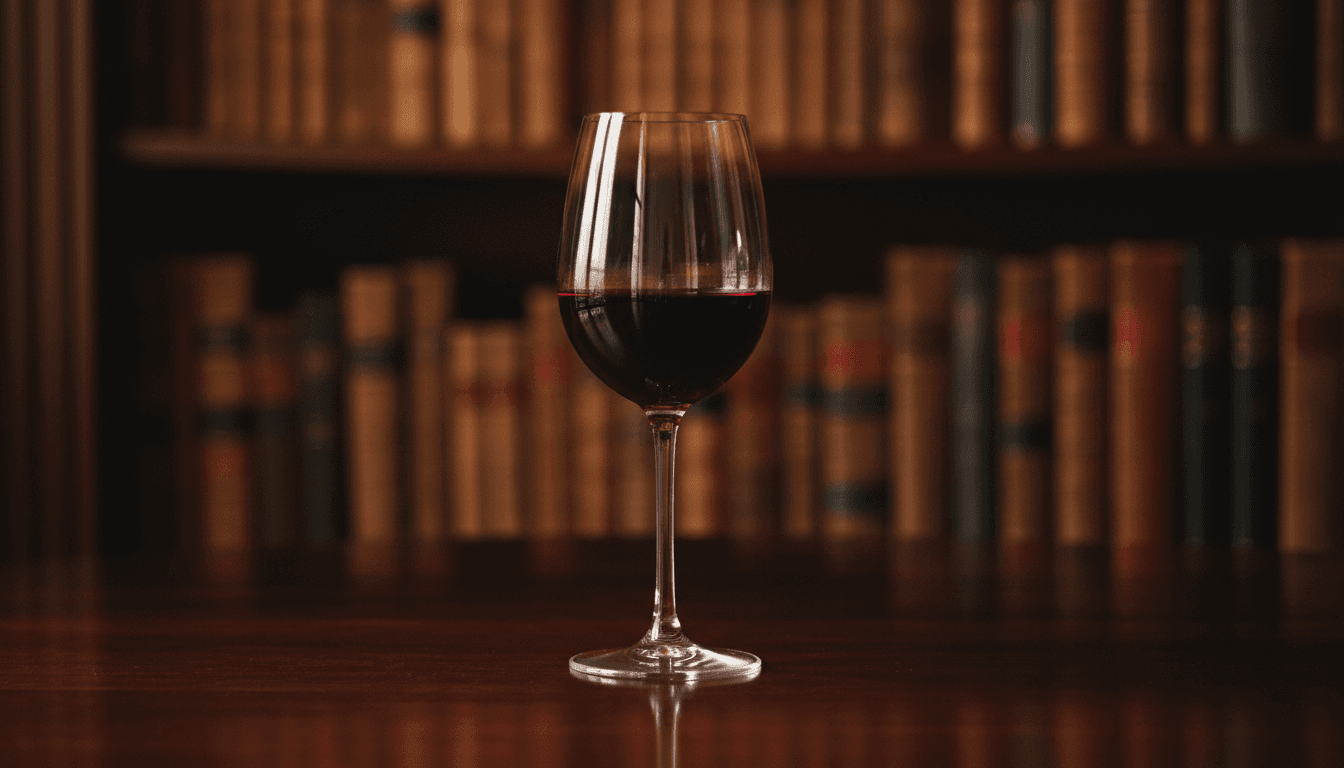 A glass of red wine on a polished table in a dimly lit library, with soft window light reflecting on the surface