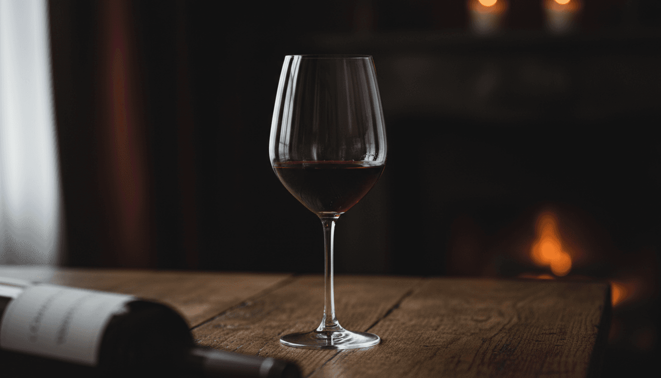 Wine glass with deep garnet wine on dark oak table