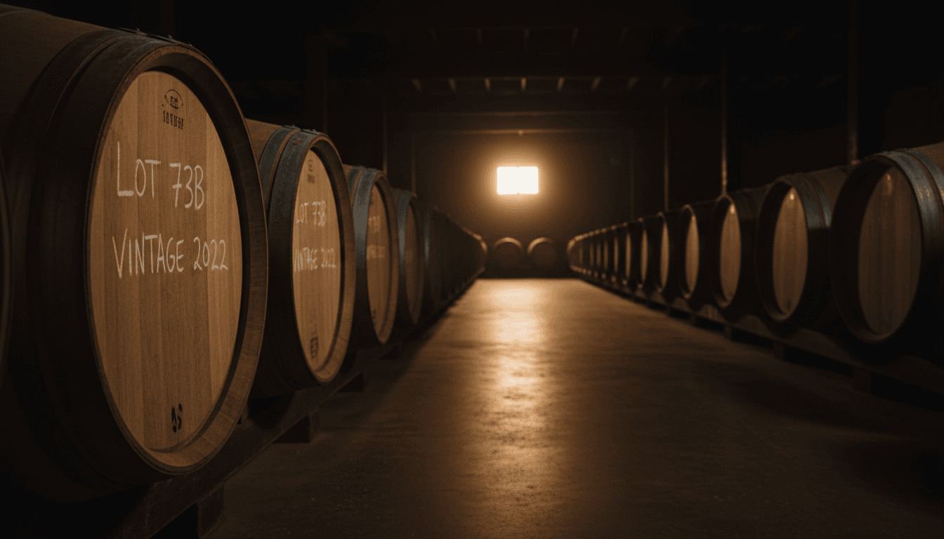 A dimly lit barrel room with labeled oak barrels
