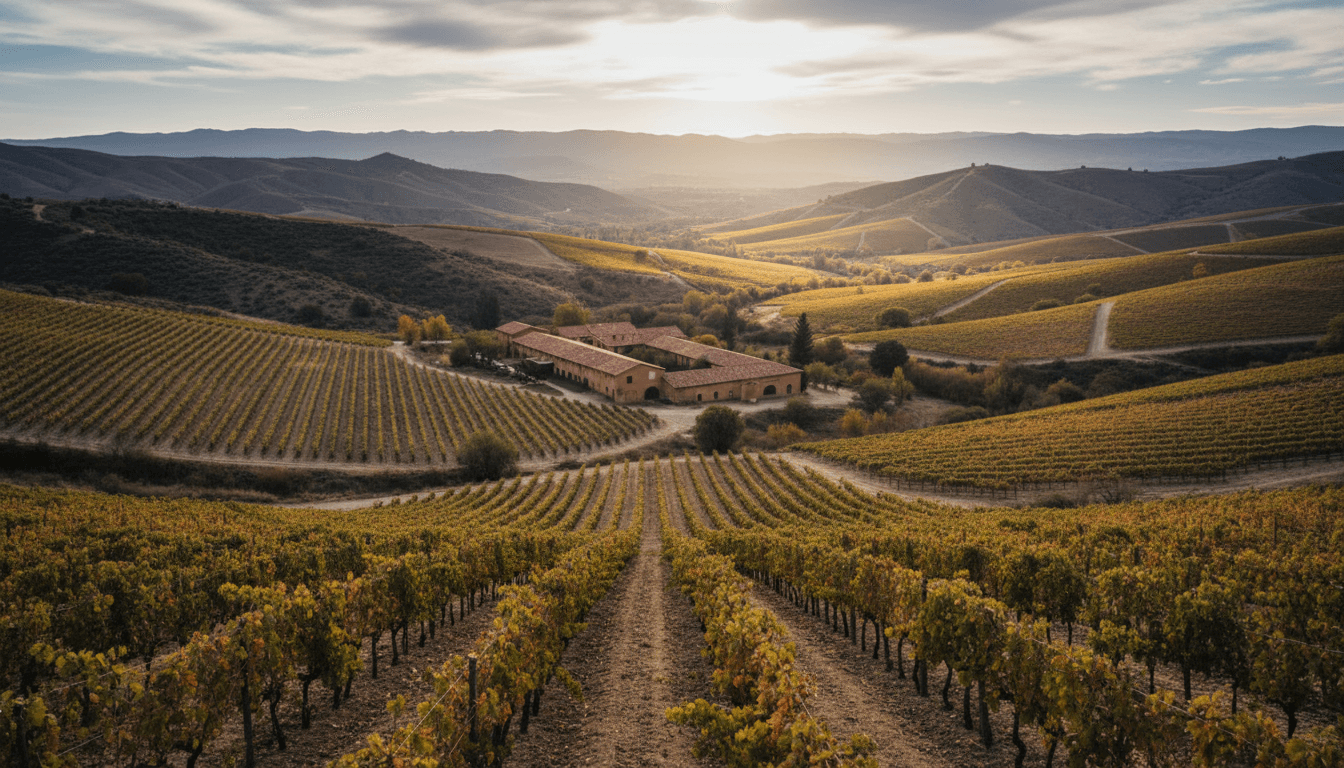 A wide view of a Chilean vineyard valley with a bodega in the distance