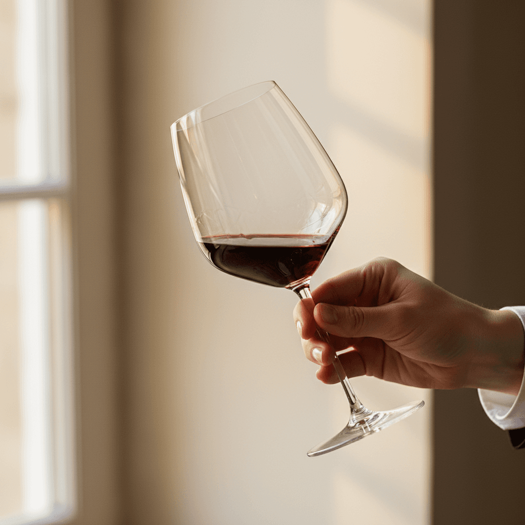 A single glass of red wine on a dark wooden table in a quiet, elegant setting