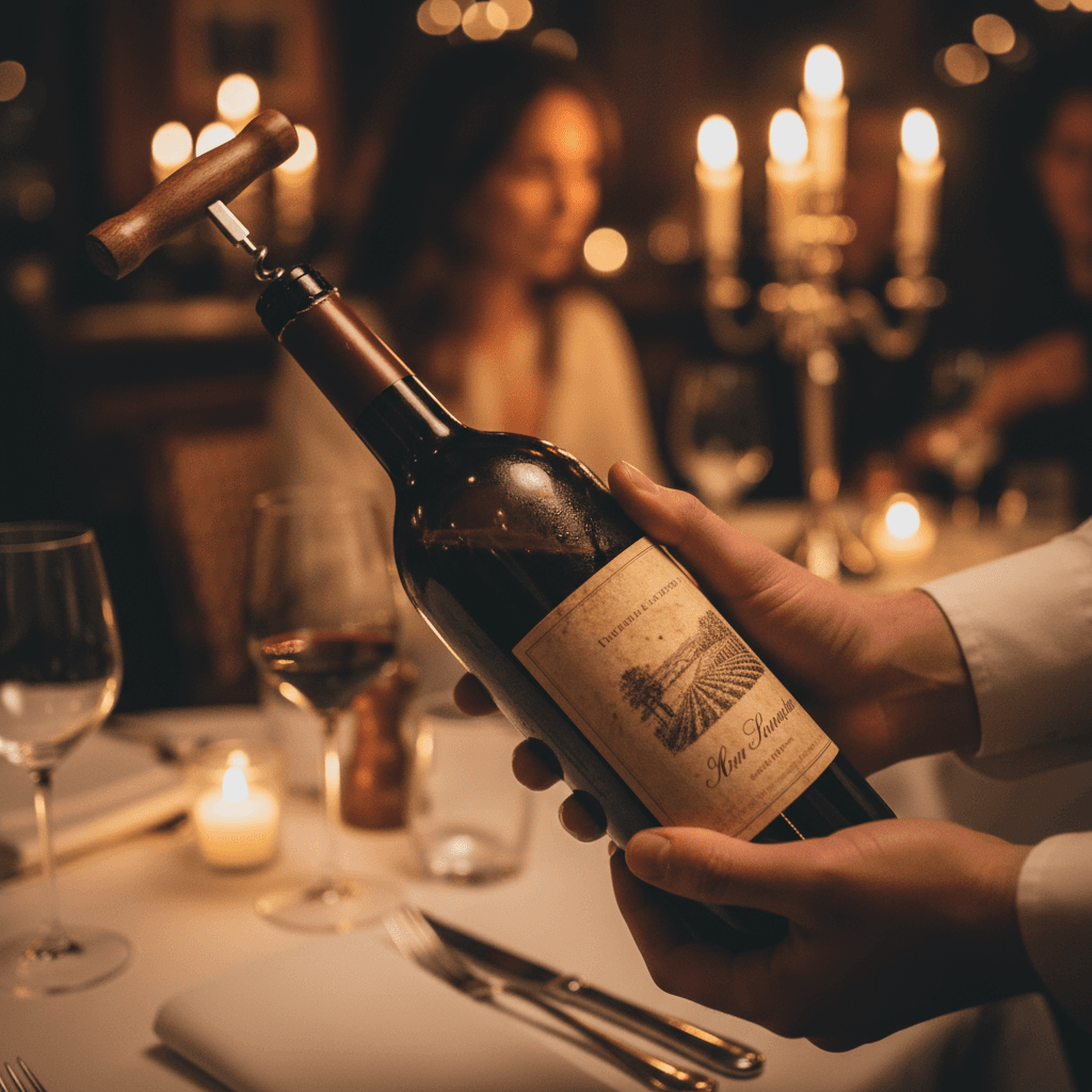 Hands opening a wine bottle at a restaurant service station