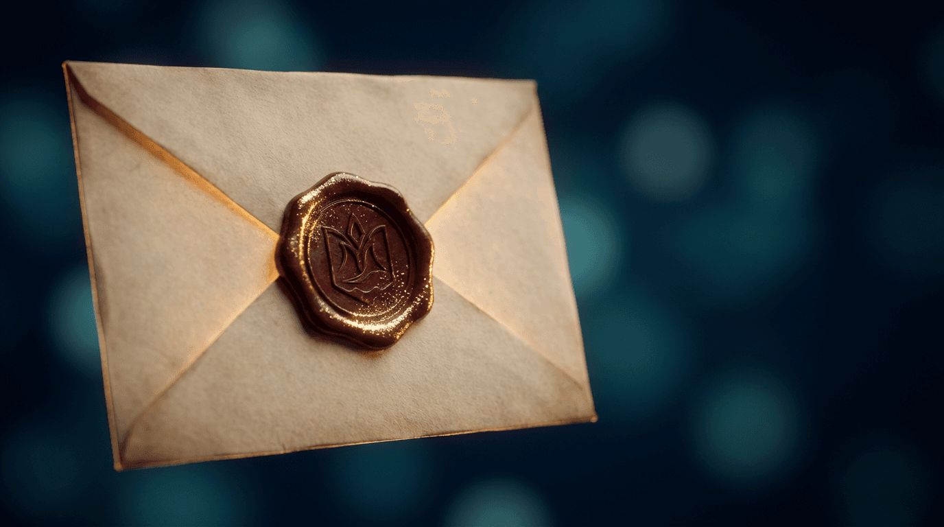 Hand holding a letter with a wax seal in a wine cellar
