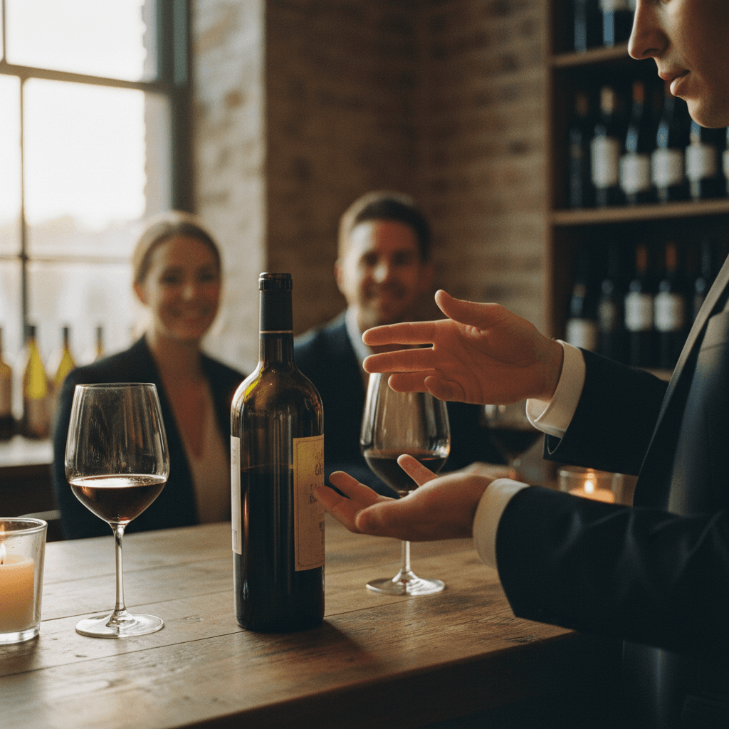 Hand holding a dark green Bordeaux-style wine bottle by the shoulder