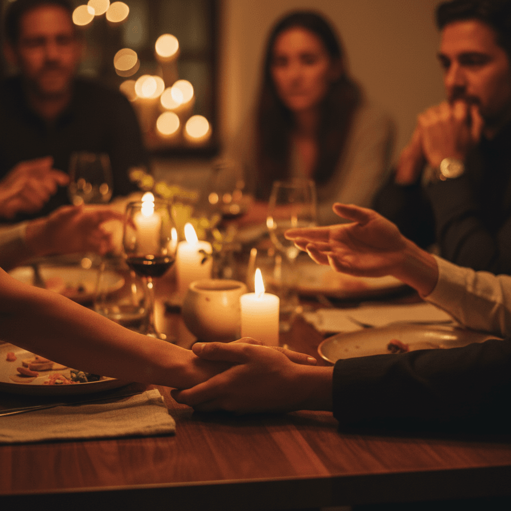 Hotel dining table with a glass of red wine and candlelight