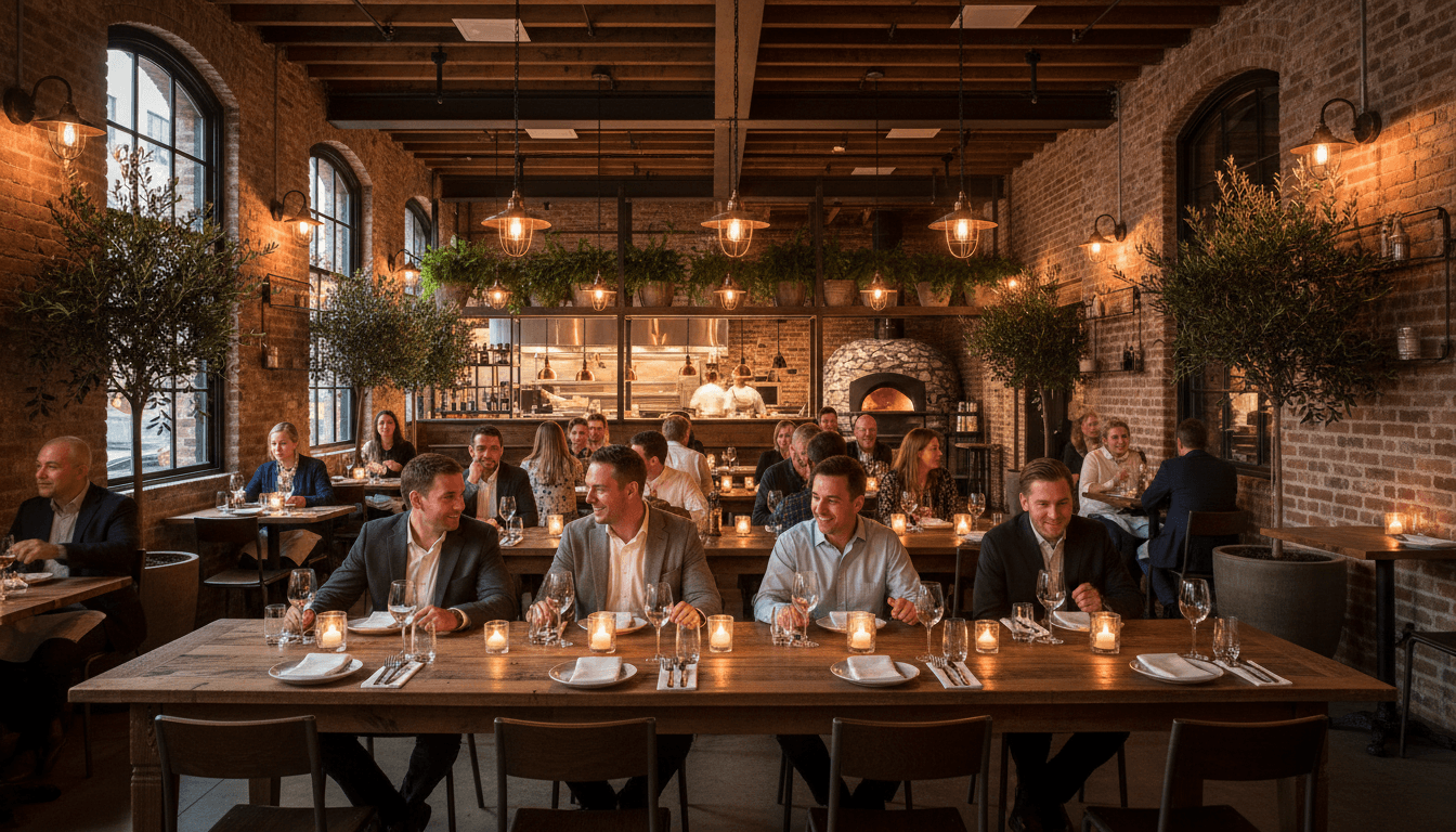 Long wooden table set for a private wine dinner with glasses and an open bottle
