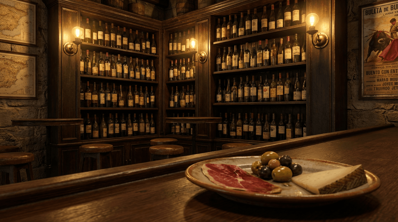 A dimly lit wine cellar with oak barrels and a single bottle highlighted by a warm beam of light